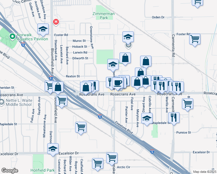 map of restaurants, bars, coffee shops, grocery stores, and more near 12949 Rosecrans Avenue in Norwalk