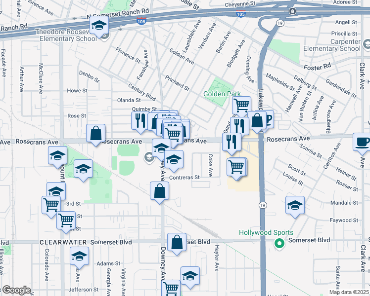 map of restaurants, bars, coffee shops, grocery stores, and more near 14403 Passage Avenue in Paramount