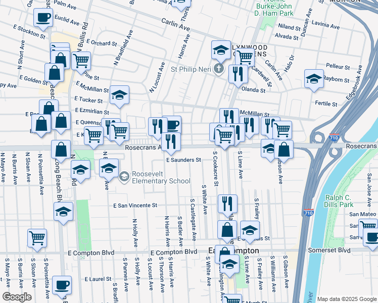 map of restaurants, bars, coffee shops, grocery stores, and more near 4235 East Saunders Street in Compton