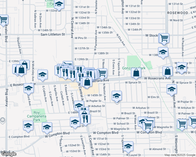 map of restaurants, bars, coffee shops, grocery stores, and more near 14204 South Parmalee Avenue in Compton