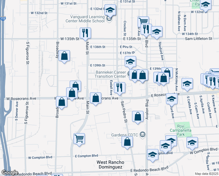 map of restaurants, bars, coffee shops, grocery stores, and more near 302 East 142nd Street in Los Angeles