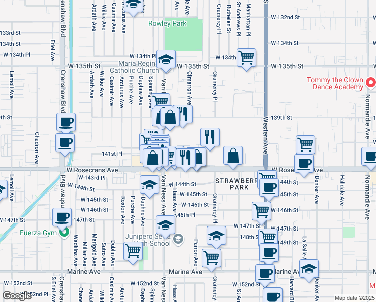 map of restaurants, bars, coffee shops, grocery stores, and more near 2045 Rosecrans Avenue in Gardena