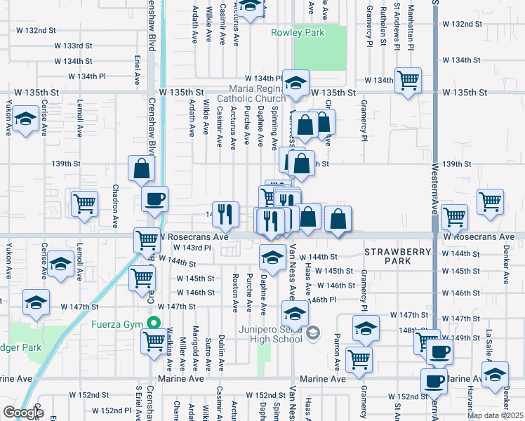 map of restaurants, bars, coffee shops, grocery stores, and more near 2412 West 141st Street in Gardena