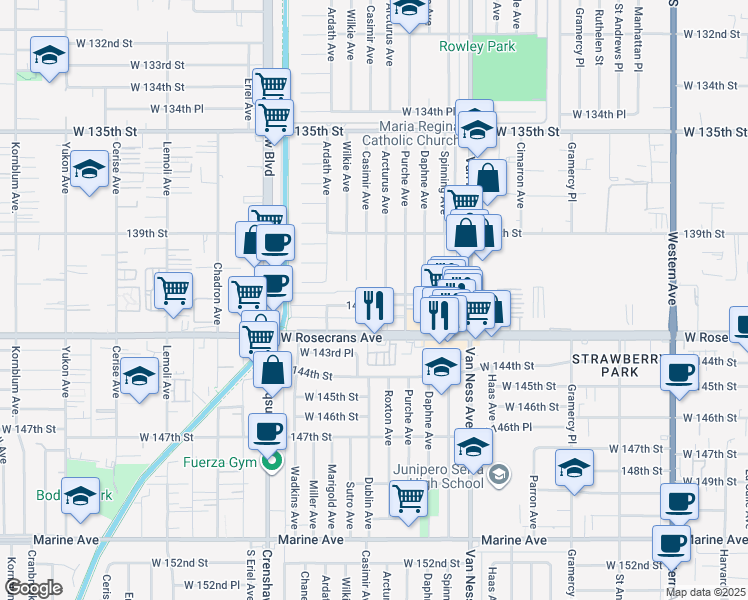 map of restaurants, bars, coffee shops, grocery stores, and more near 2617 West 141st Place in Gardena