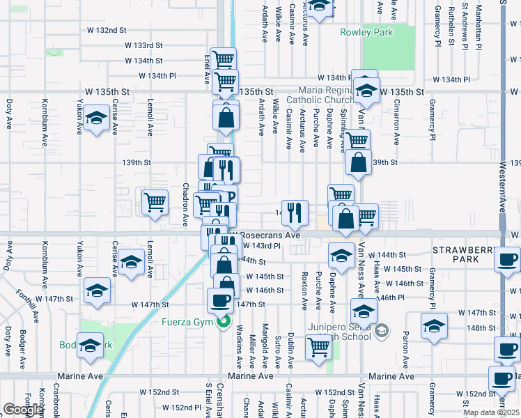 map of restaurants, bars, coffee shops, grocery stores, and more near 2911 141st Place in Gardena