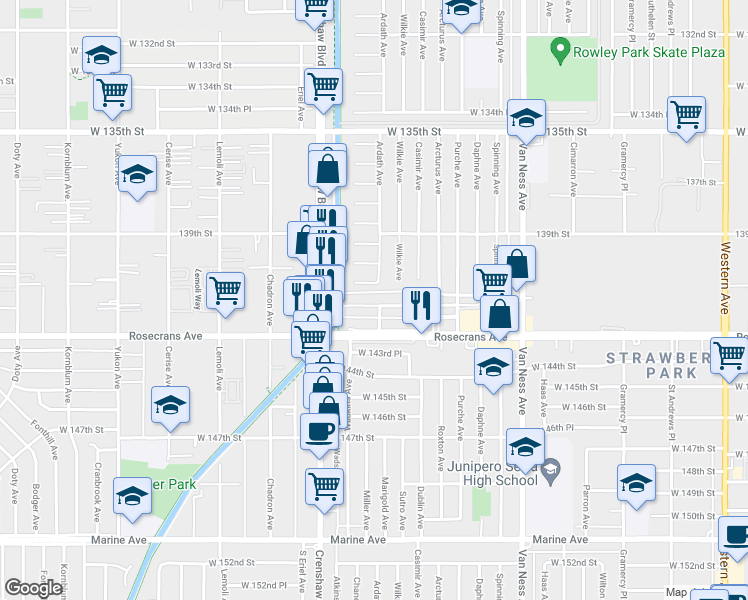 map of restaurants, bars, coffee shops, grocery stores, and more near 2911 141st Place in Gardena