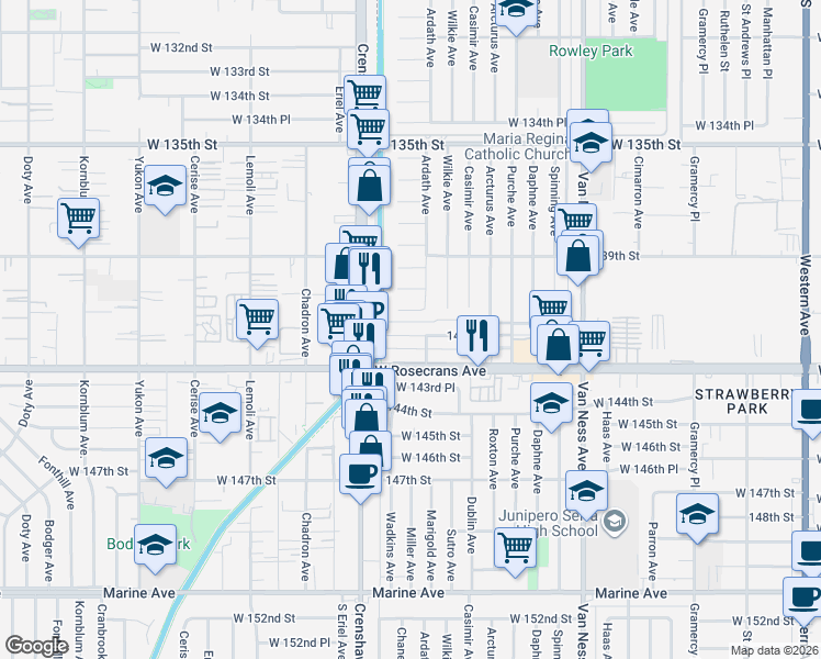 map of restaurants, bars, coffee shops, grocery stores, and more near 2911 141st Place in Gardena