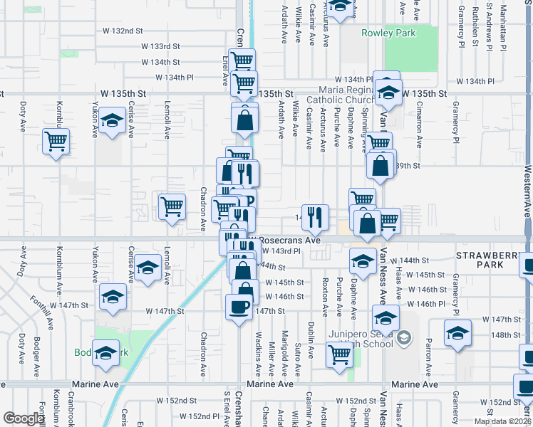 map of restaurants, bars, coffee shops, grocery stores, and more near 2911 141st Place in Gardena