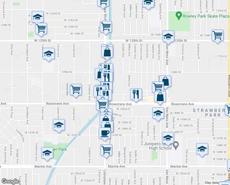 map of restaurants, bars, coffee shops, grocery stores, and more near 2911 141st Place in Gardena