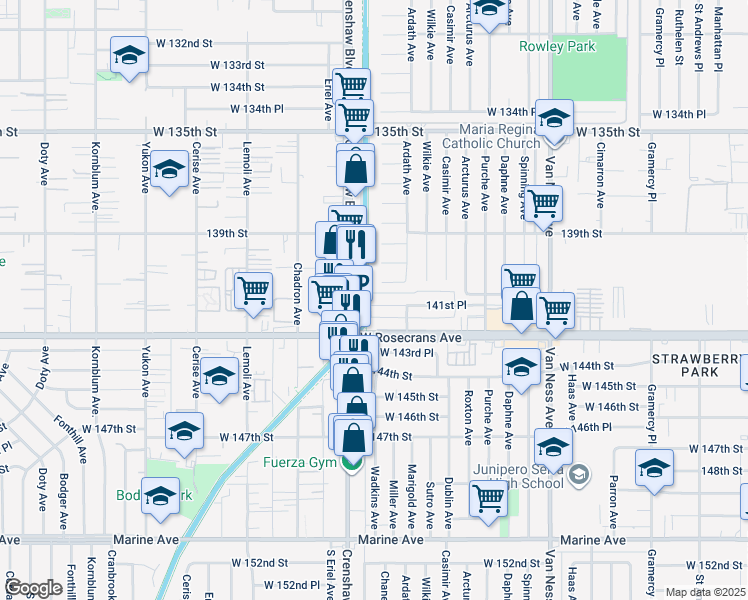map of restaurants, bars, coffee shops, grocery stores, and more near 14160 Crenshaw Boulevard in Gardena