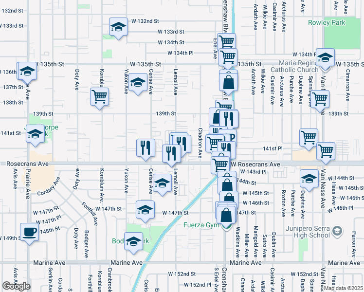 map of restaurants, bars, coffee shops, grocery stores, and more near 14104 Lemoli Avenue in Hawthorne