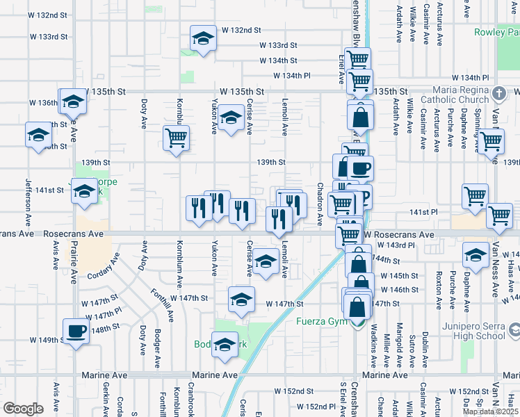 map of restaurants, bars, coffee shops, grocery stores, and more near 14100 Cerise Avenue in Hawthorne