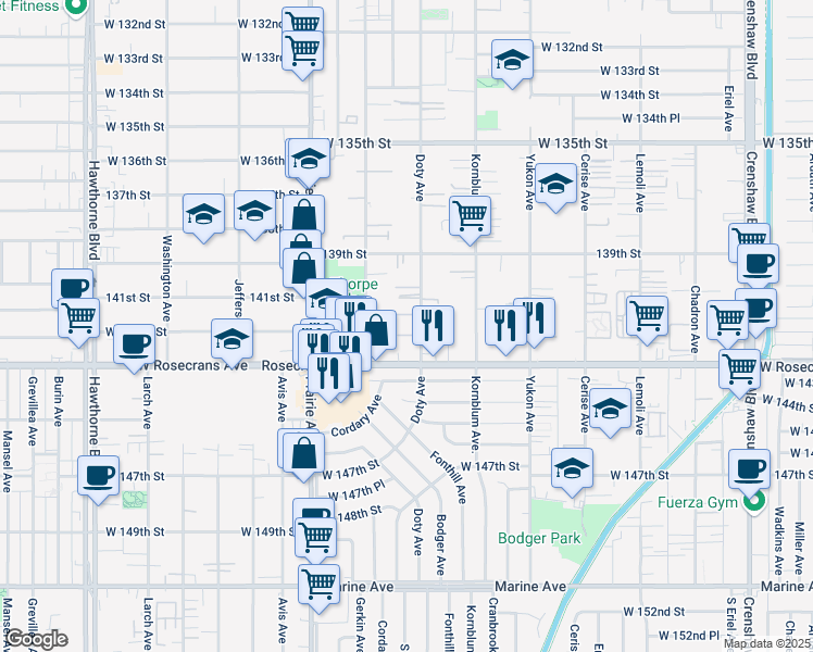 map of restaurants, bars, coffee shops, grocery stores, and more near 14119 Doty Avenue in Hawthorne