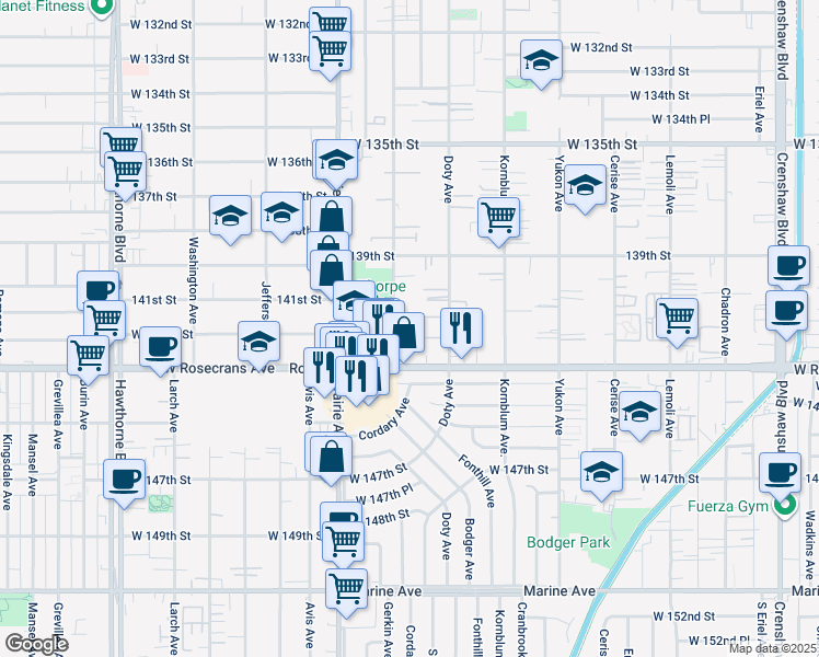 map of restaurants, bars, coffee shops, grocery stores, and more near 14110 Cordary Avenue in Hawthorne