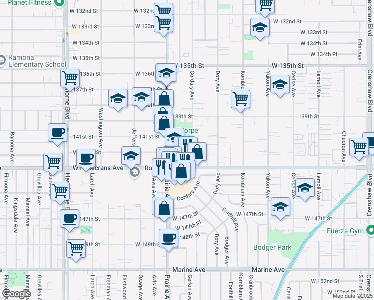 map of restaurants, bars, coffee shops, grocery stores, and more near 14111 Cordary Avenue in Hawthorne