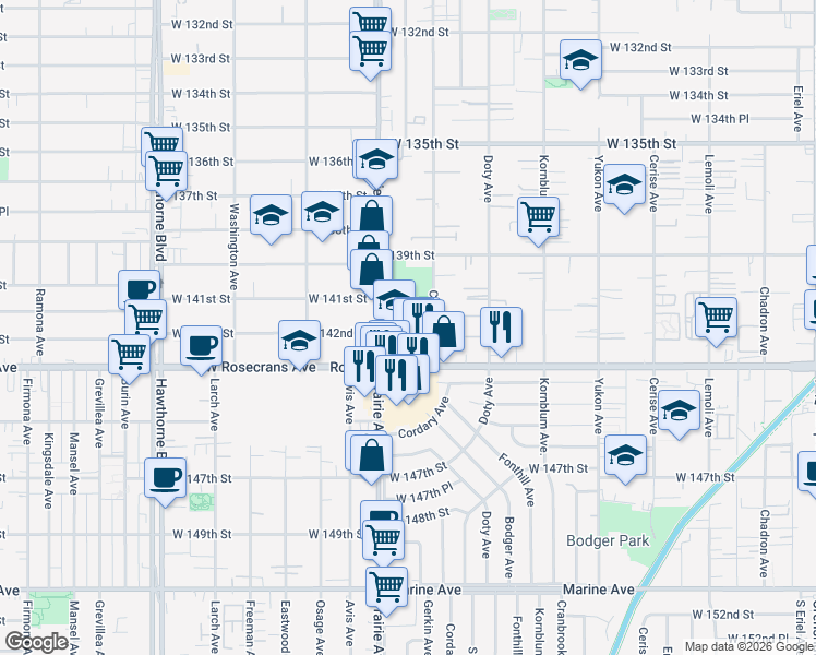 map of restaurants, bars, coffee shops, grocery stores, and more near 14111 Cordary Avenue in Hawthorne