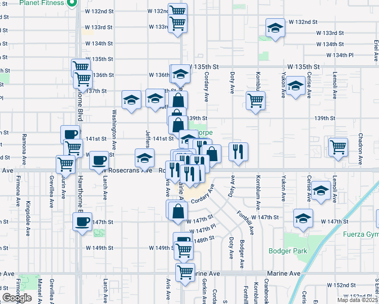 map of restaurants, bars, coffee shops, grocery stores, and more near 14111 Cordary Avenue in Hawthorne