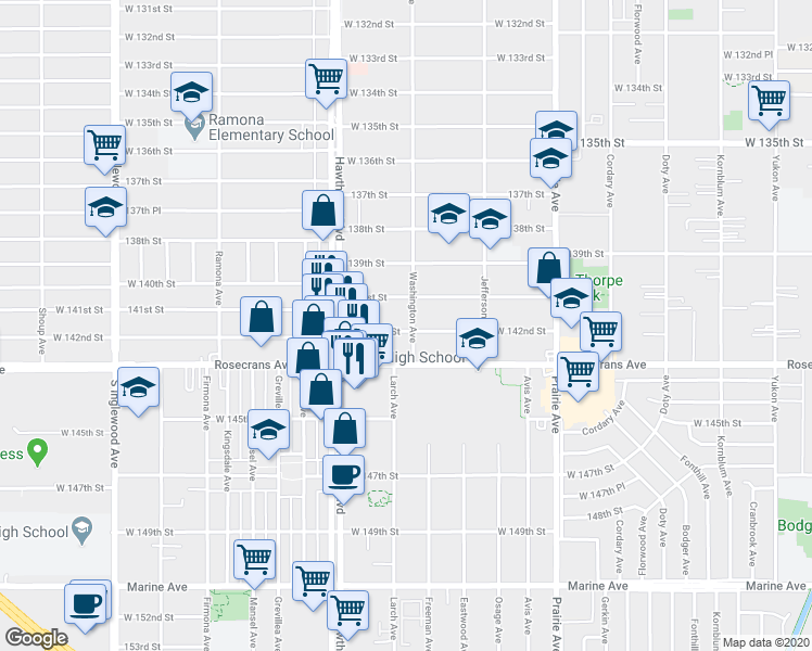 map of restaurants, bars, coffee shops, grocery stores, and more near 4321 West 142nd Street in Hawthorne