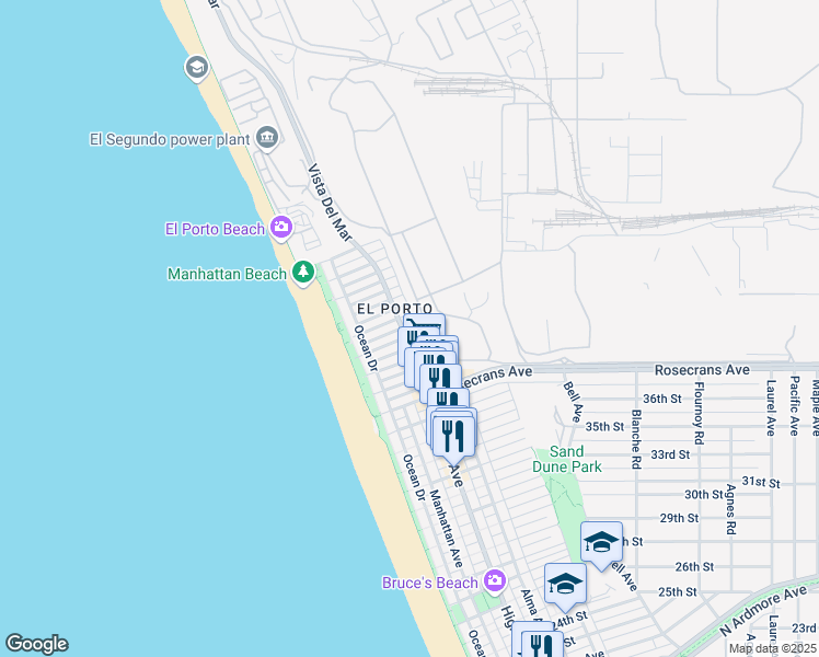 map of restaurants, bars, coffee shops, grocery stores, and more near 244 Kelp Street in Manhattan Beach