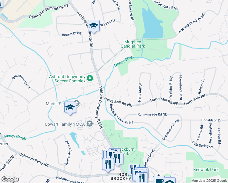 map of restaurants, bars, coffee shops, grocery stores, and more near 3768 Wasson Way in Atlanta