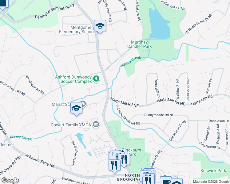 map of restaurants, bars, coffee shops, grocery stores, and more near 3780 Ashford Lake Court Northeast in Atlanta