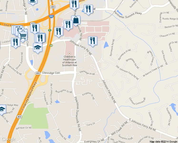 map of restaurants, bars, coffee shops, grocery stores, and more near 5523 Glenridge Park Northeast in Atlanta