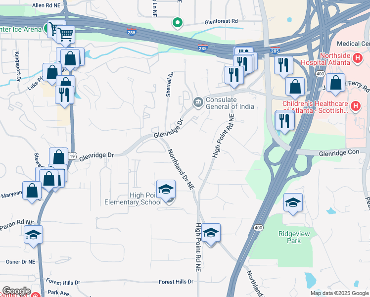 map of restaurants, bars, coffee shops, grocery stores, and more near 5415 Northland Drive in Atlanta
