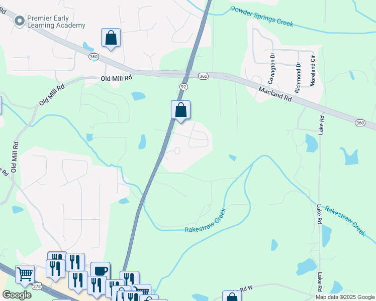 map of restaurants, bars, coffee shops, grocery stores, and more near 46 Darby's Crossing Court in Hiram