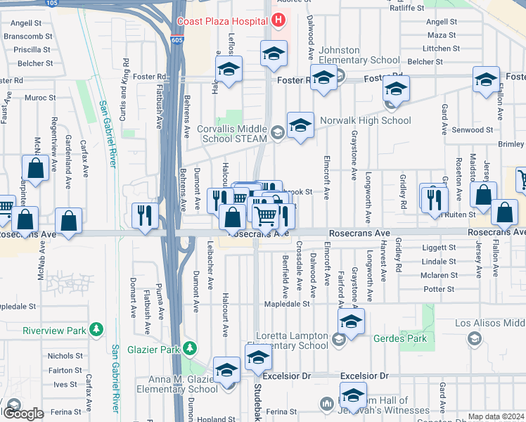map of restaurants, bars, coffee shops, grocery stores, and more near 11008 Belfair Street in Norwalk