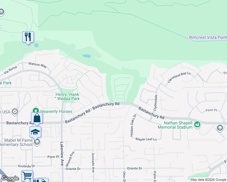 map of restaurants, bars, coffee shops, grocery stores, and more near 4047 Balmoral Drive in Yorba Linda