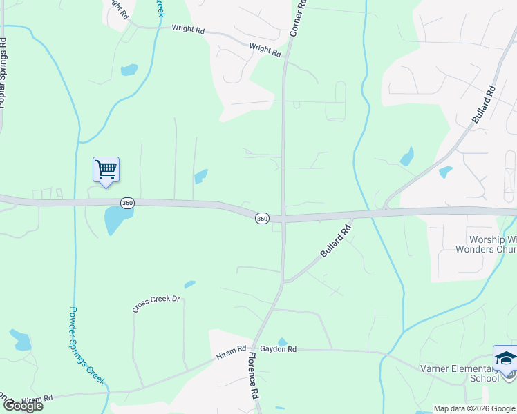 map of restaurants, bars, coffee shops, grocery stores, and more near 5296 Macland Road in Powder Springs