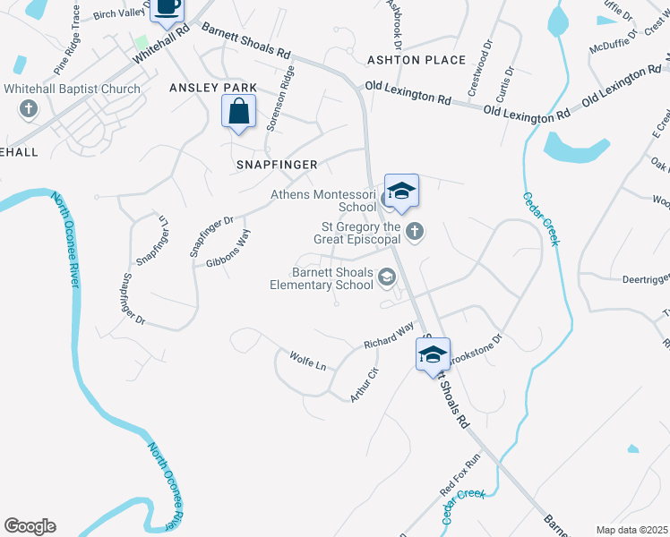 map of restaurants, bars, coffee shops, grocery stores, and more near 225 Wiltshire Drive in Athens