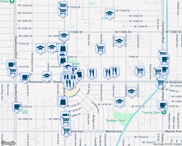 map of restaurants, bars, coffee shops, grocery stores, and more near 14108 Doty Avenue in Hawthorne