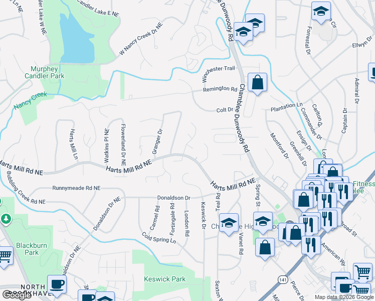 map of restaurants, bars, coffee shops, grocery stores, and more near 3787 Sidestreet in Atlanta