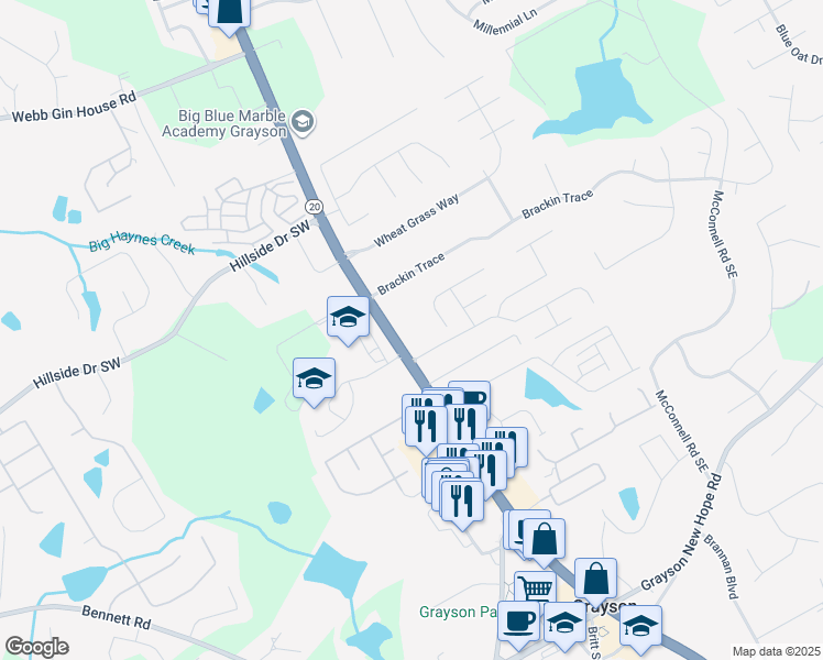 map of restaurants, bars, coffee shops, grocery stores, and more near 1754 Grayson Highway in Grayson