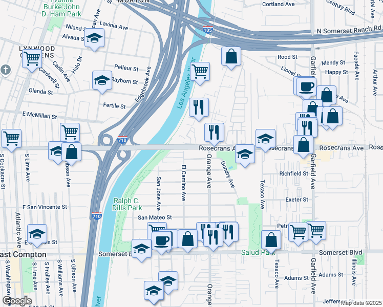 map of restaurants, bars, coffee shops, grocery stores, and more near 6819 San Rafael Street in Paramount