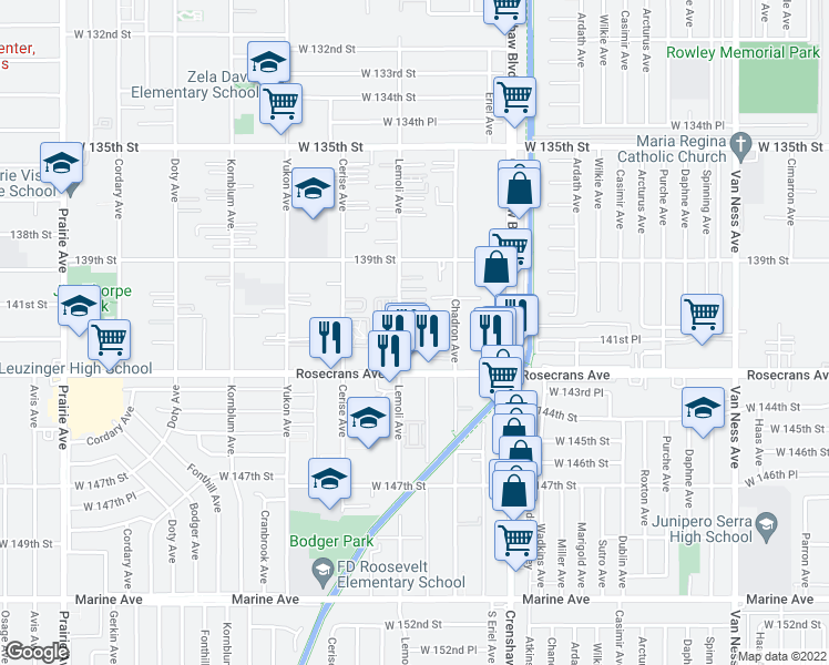 map of restaurants, bars, coffee shops, grocery stores, and more near 14104 Lemoli Avenue in Hawthorne