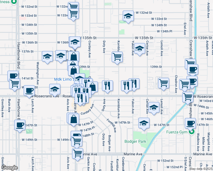 map of restaurants, bars, coffee shops, grocery stores, and more near 14108 Doty Avenue in Hawthorne