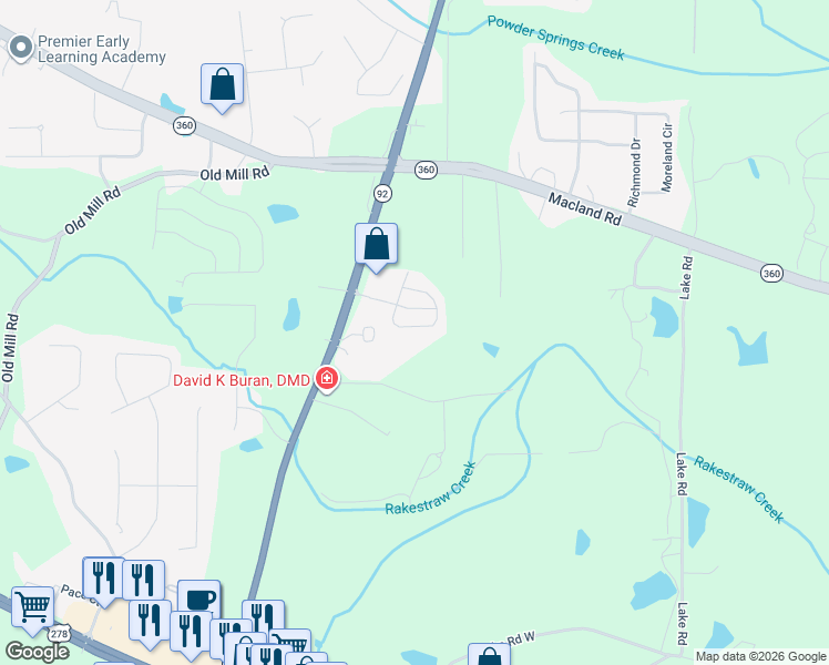 map of restaurants, bars, coffee shops, grocery stores, and more near 90 Darby's Crossing Court in Hiram