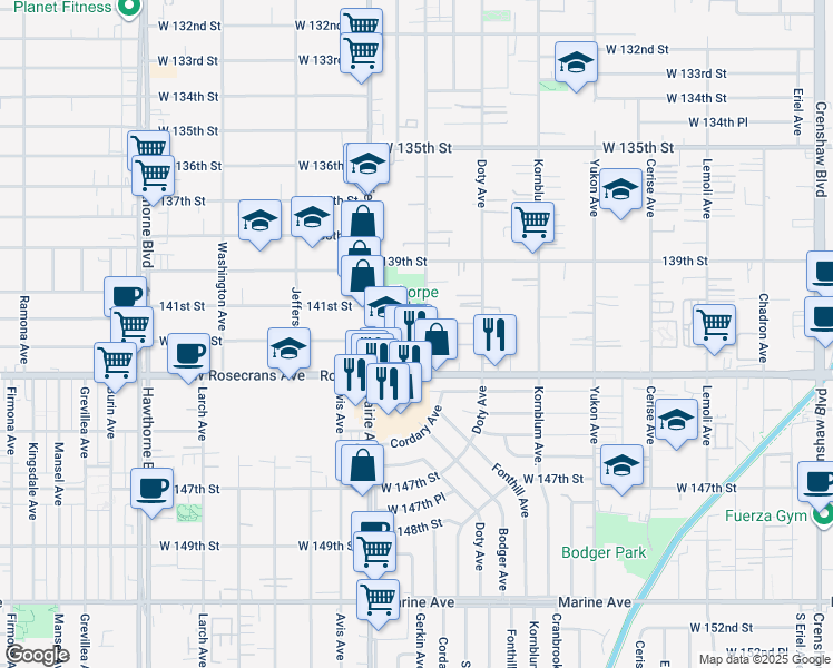 map of restaurants, bars, coffee shops, grocery stores, and more near 14111 Cordary Avenue in Hawthorne