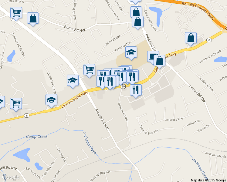 map of restaurants, bars, coffee shops, grocery stores, and more near 4104 Lawrenceville Highway in Lilburn