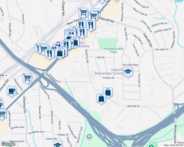 map of restaurants, bars, coffee shops, grocery stores, and more near 3775 Oxford Circle in Atlanta