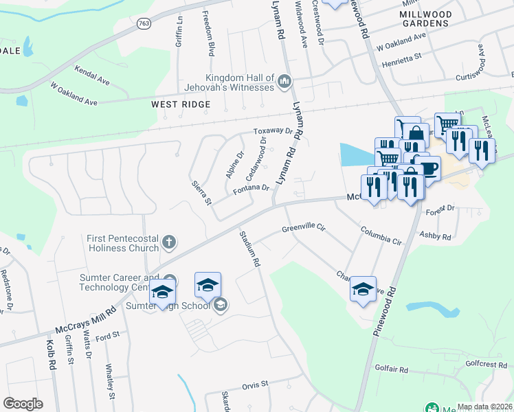 map of restaurants, bars, coffee shops, grocery stores, and more near 717 Sierra Street in Sumter