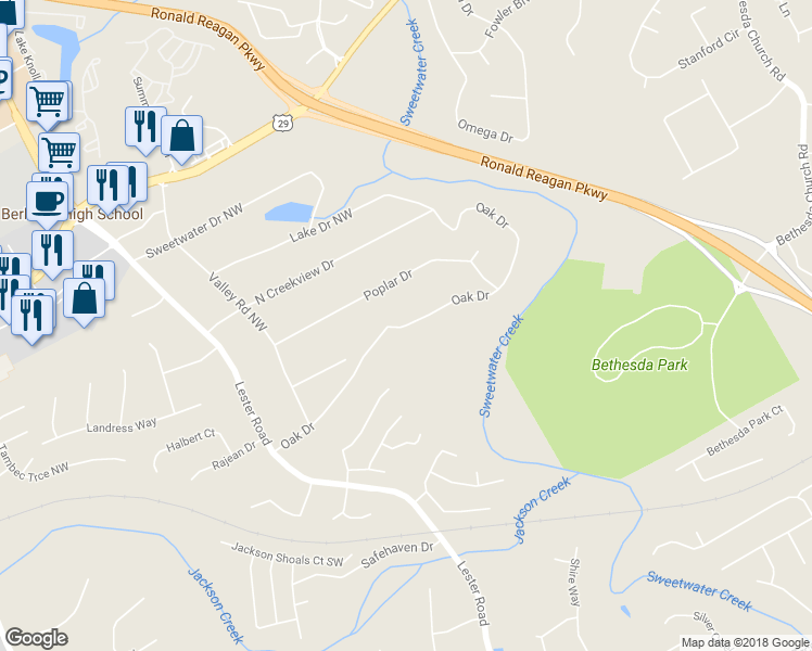 map of restaurants, bars, coffee shops, grocery stores, and more near 3370 Oak Drive in Lawrenceville