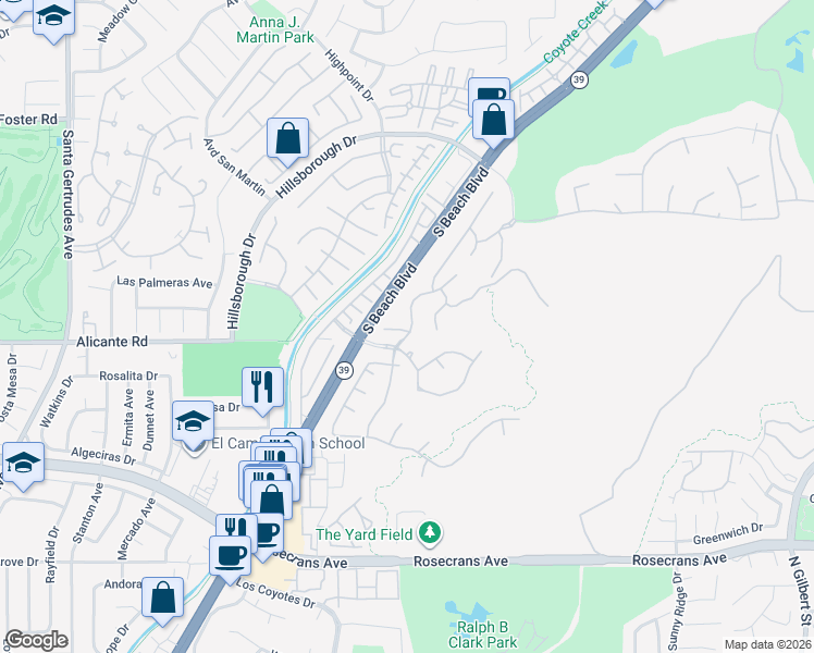 map of restaurants, bars, coffee shops, grocery stores, and more near 14053 Highlander Road in La Mirada