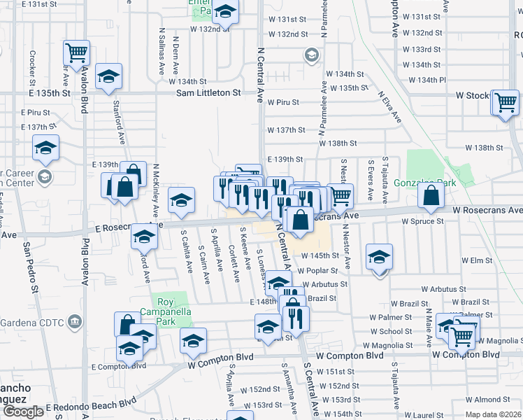 map of restaurants, bars, coffee shops, grocery stores, and more near in Compton