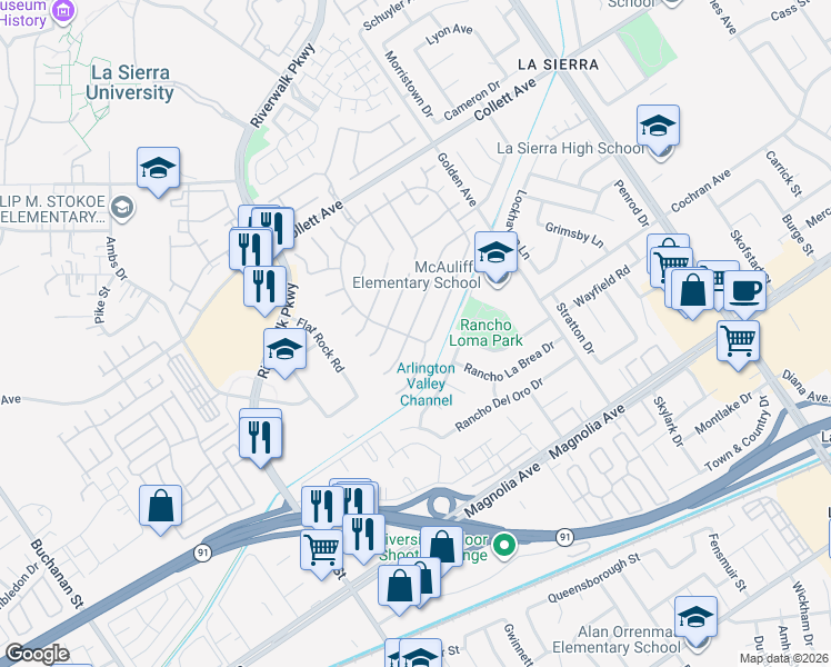 map of restaurants, bars, coffee shops, grocery stores, and more near 11496 Springwood Court in Riverside