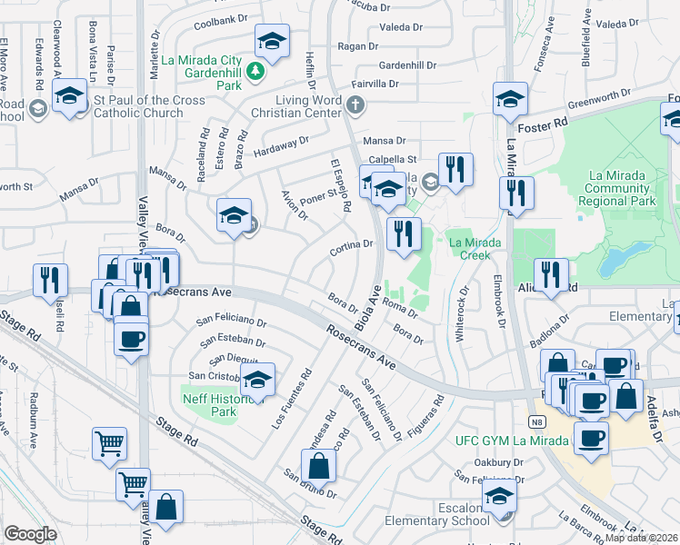 map of restaurants, bars, coffee shops, grocery stores, and more near 14020 Avion Drive in La Mirada