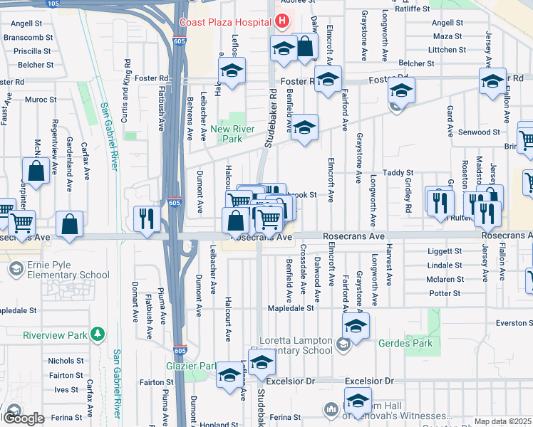 map of restaurants, bars, coffee shops, grocery stores, and more near 11008 Belfair Street in Norwalk