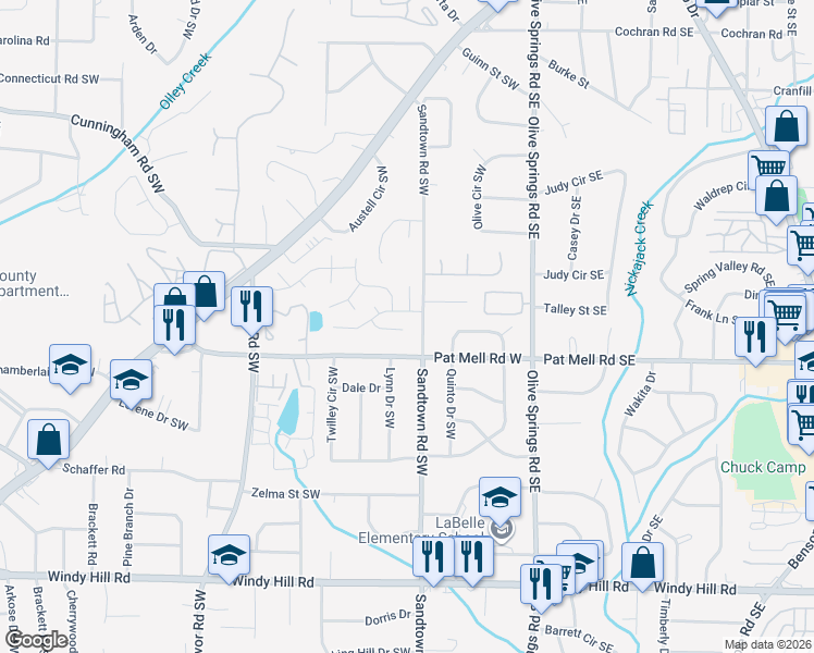 map of restaurants, bars, coffee shops, grocery stores, and more near 132 Summer Crest Place Southwest in Marietta